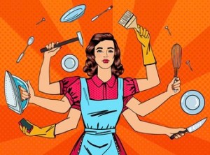 Successful Housewife. Multitasking Woman. Perfect Wife. Pop Art. Vector illustration
