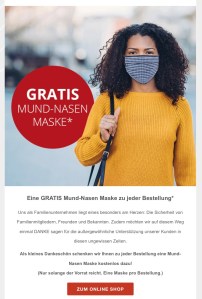 Bild: Junge Frau mit Mund-Nasen-Maske, dazu Schriftzug: Gratis Mund Nasen Maske zu Ihrer Bestellung