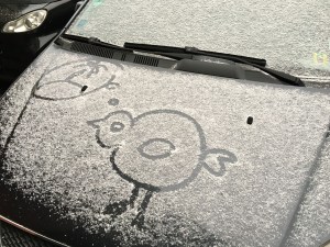 Vogel in Schnee gemalt, der auf Autokühlerhaube liegt.