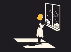 Grafik: Frau steht allein am Fenster und sieht nach draußen.