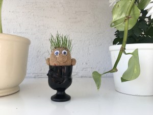 Regal mit Blumen, zwischen denen ein lachendes Männchen steht, dessen Haare aus Gras sind. 