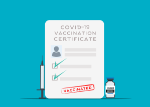 Grafik „Covid-19 Vaccination Certificate“. Darunter Schriftzug „Vaccinated“